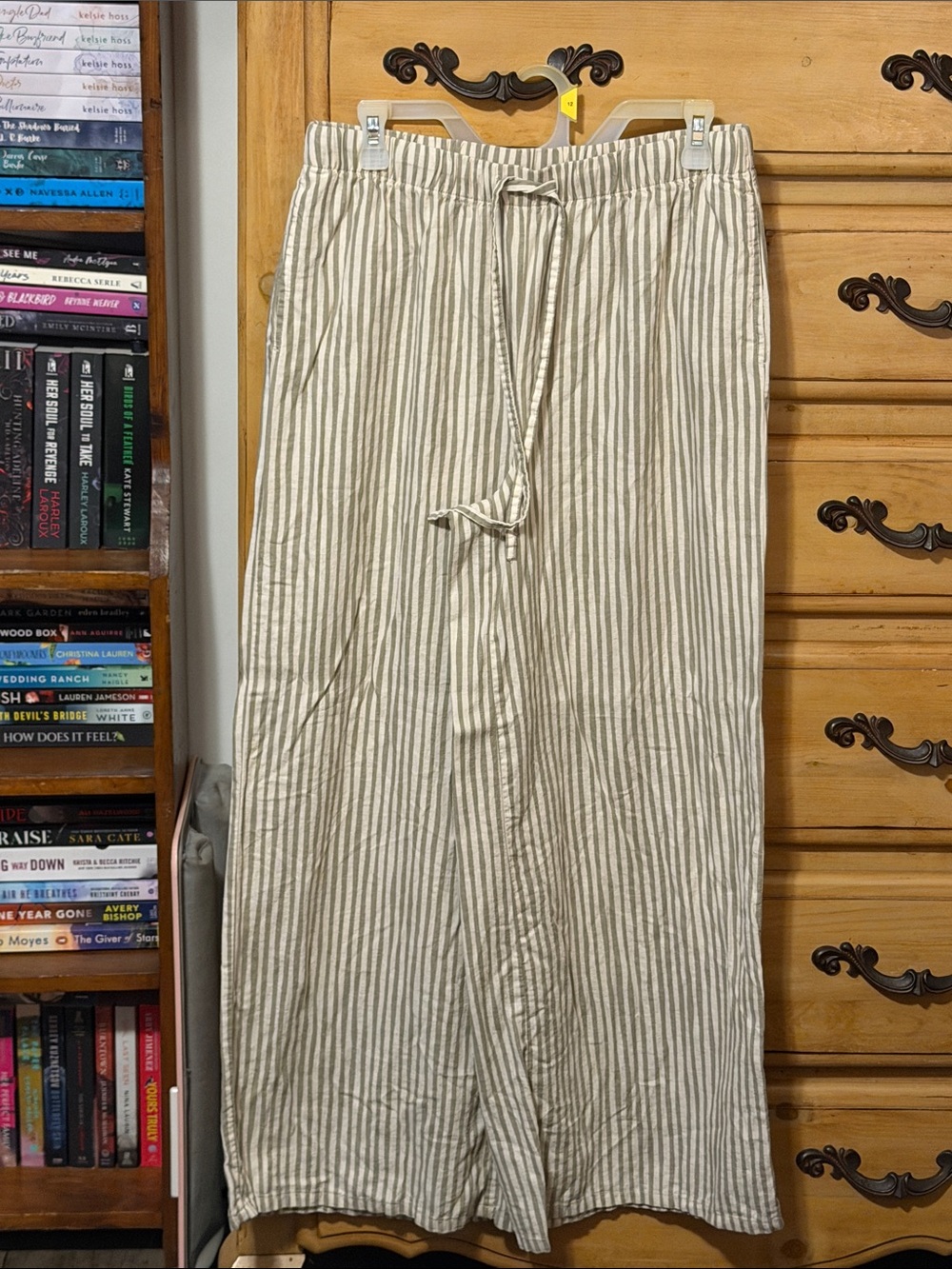 Cato Green and White Striped Wide-Leg Drawstring Pants